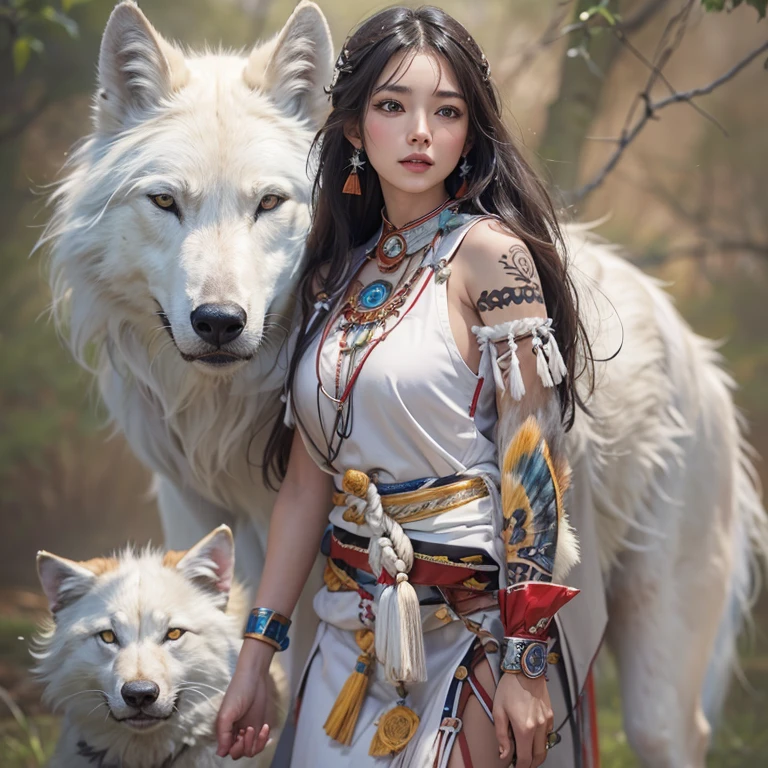 Shirakami-Sanchi、Hair flow、 ((highest quality、masterpiece、8k、Best image quality、Ultra-high resolution、Award-winning works)、(Accurate ???????:1.1)、(Look at me and smile:1.1)、Shining fair skin with Ultra-high resolution、The most detailed face、Ultra-high resolution detailed face、Ultra-high resolutionの髪の毛、(Ultra-high resolutionの煌めく瞳:1.1)、Beautiful face drawn in every detail、(Blurred Background:1.1)、Native American white costume, American Indian Clothing, Chest to chest, tattoo、A real giant condor next to you。Observe the white wolf