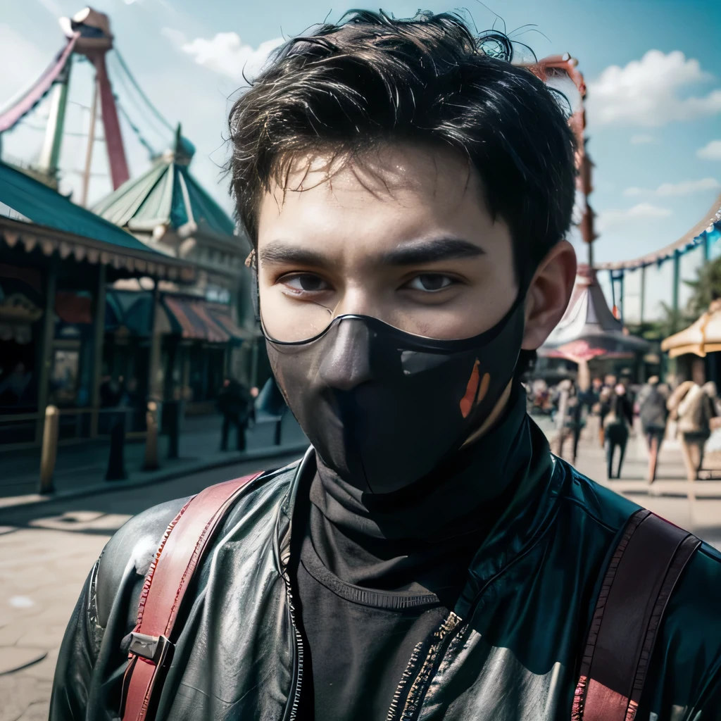 raw photo , 8K, ultra detailed, (realistic:1.2), (1man, ninja, mask:1.3), (amusement park:1.4)