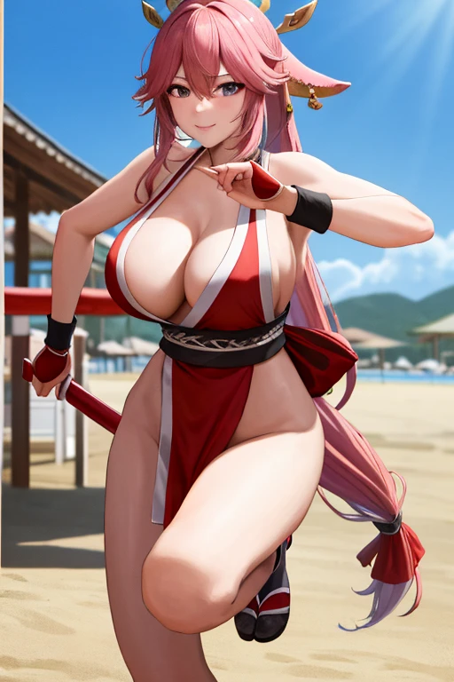 masterpiece, best quality, beautiful art, high resolution, well formed hands, body and fingers, 1 woman, solo, Yae Miko, grown up , adult, hair ribbon,big breasted, cleavage, full body, long hair, hair ornament gorgeous legs and thighs, cosplaying as Mai Shiranui , she is fighting in a combat match at a martial arts tournament, she is getting ready to fight, making her guard pose, action and fighting scene, about to hit the viewer, looking at the viewer, sweating , feeling confident and proud, smiling joyfully and happily, charming her opponent with her beauty, bouncing breasts, fighting scene, martial arts tournament on the beach