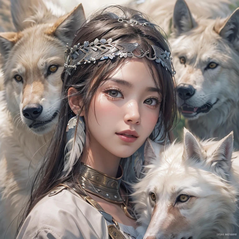 Shirakami-Sanchi、Hair flow、 ((highest quality、masterpiece、8k、Best image quality、Ultra-high resolution、Award-winning works)、(Accurate anatomy:1.1)、(Look at me and smile:1.hining fair skin with Ultra-high resolution、The most detailed face、Ultra-high resolution detailed face、Ultra-high resolutionの髪の毛、(Ultra-high resolutionの煌めく瞳:1.1)、Beautiful face drawn in every detail、(Blurred Background:1.1)、Native American white costume, American Indian Clothing, Chest to chest, tattoo、A real giant condor next to you。Observe the white wolf