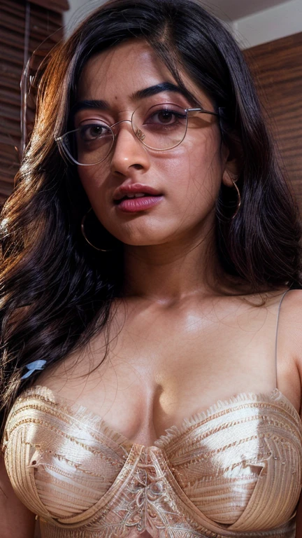 Potrait closeup photo of Rashmika mandanna in bra, ((free shaggy uncombed hair)), nerdy glass, ((tall body)),(( looking at viewer)),((big cheeks)),30 year old woman,1woman,solo,breasts,(fleshy face),long hair,cleavage,black hair,navel,midriff, bedroom ,
best quality,masterpiece,illustration,an extremely delicate and beautiful,CG,unity,8k wallpaper,Amazing,finely detail,masterpiece,official art,extremely detailed CG unity 8k wallpaper,incredibly absurdres,huge filesize,ultra-detailed,highres,extremely detailed,beautiful detailed girl,realistic,broad fleshy body, ((perfect eyes nd eyebrow))