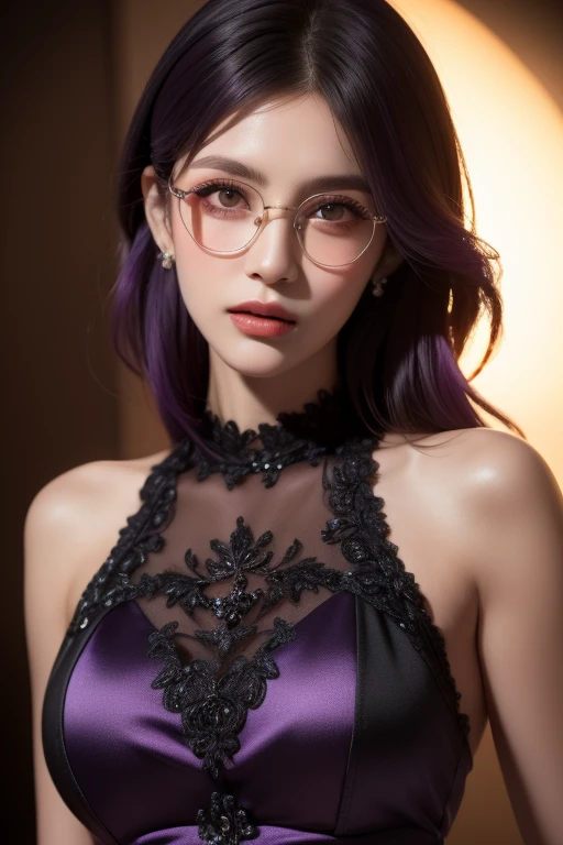 intricate purple dress, beautiful detailed eyes, beautiful detailed lips, extremely detailed face and skin, long eyelashes,  figure, full body pose, modeling, professional model, purple hair, black glasses, photoshoot, studio lighting, 8k, high quality, detailed description, cinematic, artistic, dramatic lighting, vibrant colors, elegant, glamorous, sultry