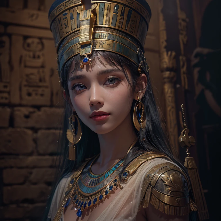 Standing in an ancient Egyptian cave、Blowing hair 、 ((highest quality、masterpiece、8k、Best image quality、Ultra-high resolution、Award-winning works)、(Accurate anatomy:1.1)、(Look at me and smile:1.0)、Shining fair skin with Ultra-high resolution、The most detailed face、Ultra-high resolution detailed face、Ultra-high resolutionの髪の毛、(Ultra-high resolution eye:1.1)、Beautiful face drawn in every detail、Ancient Egyptian costumes, Chest to chest, Dark atmosphere,Dark Light, Ancient Egyptian makeup,