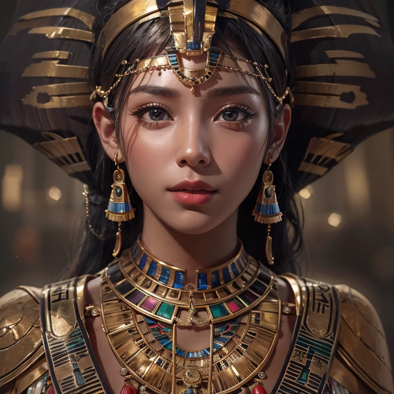 Standing in an ancient Egyptian cave、Blowing hair 、 ((highest quality、masterpiece、8k、Best image quality、Ultra-high resolution、Award-winning works)、(Accurate anatomy:1.1)、(Look at me and smile:1.0)、Shining fair skin with Ultra-high resolution、The most detailed face、Ultra-high resolution detailed face、Ultra-high resolutionの髪の毛、(Ultra-high resolution eye:1.1)、Beautiful face drawn in every detail、Ancient Egyptian costumes, Chest to chest, Dark atmosphere,Dark Light, Ancient Egyptian makeup,