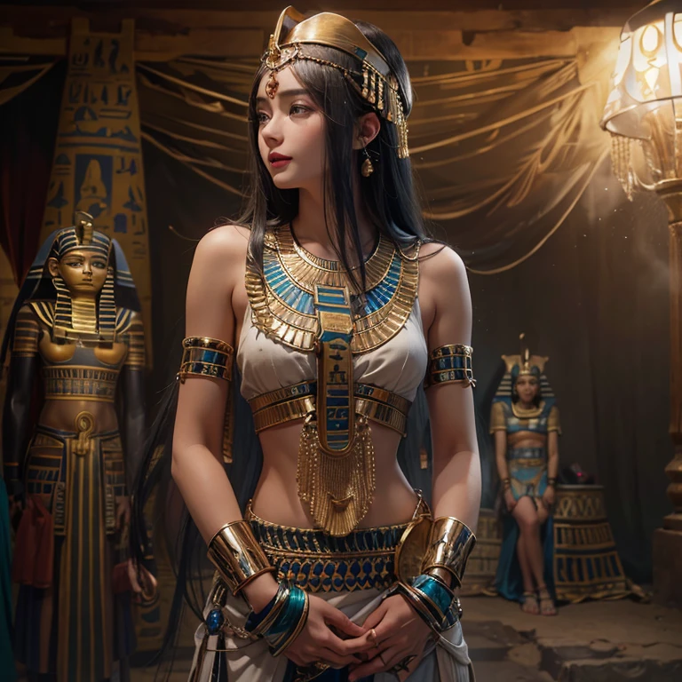 Standing in an ancient Egyptian cave、Blowing hair 、 ((highest quality、masterpiece、8k、Best image quality、Ultra-high resolution、Award-winning works)、(Accurate ???????:1.1)、(Look at me and smile:1.0)、Shining fair skin with Ultra-high resolution、The most detailed face、Ultra-high resolution detailed face、Ultra-high resolutionの髪の毛、(Ultra-high resolution eye:1.1)、Beautiful face drawn in every detail、Ancient Egyptian costumes, Chest to chest,  Dark atmosphere,Dark Light, Ancient Egyptian makeup, 