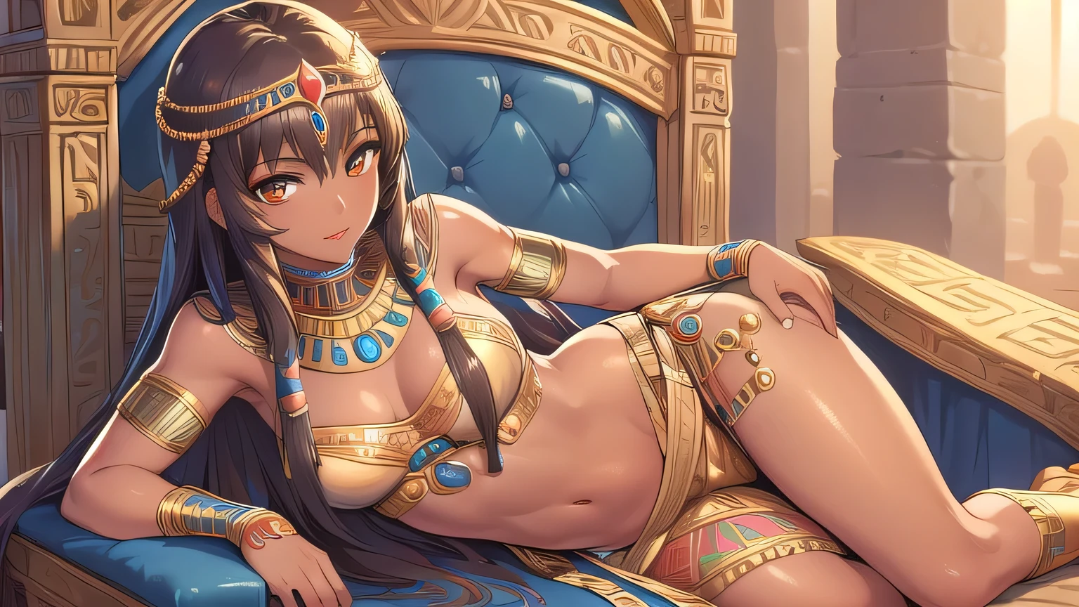 ((best quality)), ((masterpiece)), (detailed face and eyes), perfect face, accurate, textured skin, high details, highres, Cleopatra, queen of ancient Egypt, in silk dress, jewelled crown, lipstick, cowboy shot, Tanned skin, brown skin, throne, whole body