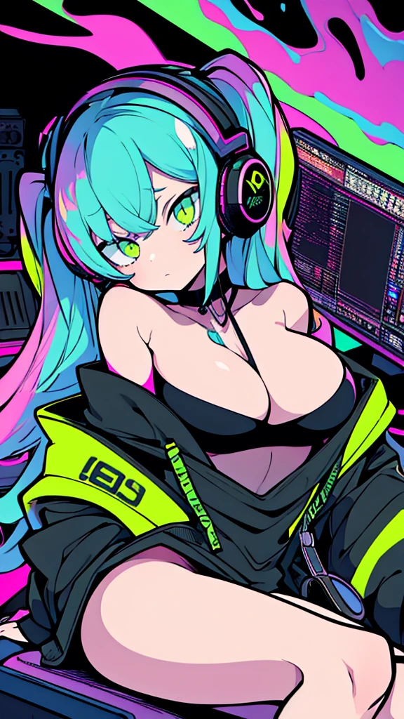 Best quality, (masterpiece:1.2), best detail face,1 girl, big breasts, 18 yo, 8k,absurdres,unity 8k wall paper,(extremely detailed:1.3), highest realistic, (retro headphones:1.1), (soft neon light:1.1), (floating hair:1.2), (psychedelic:1.2), Her room full of music equipment, Leaning back on the chair with a casual attitude, Light clothing in summer, dark yellow color palette