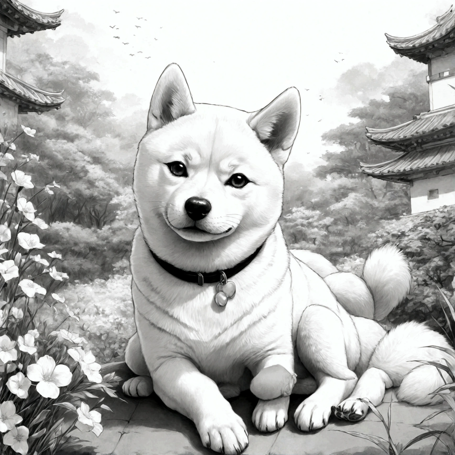 masterpiece, Top-class, Line art background, White Background, Monochrome, Line art, Shiba Inu and Cat、((sketch))