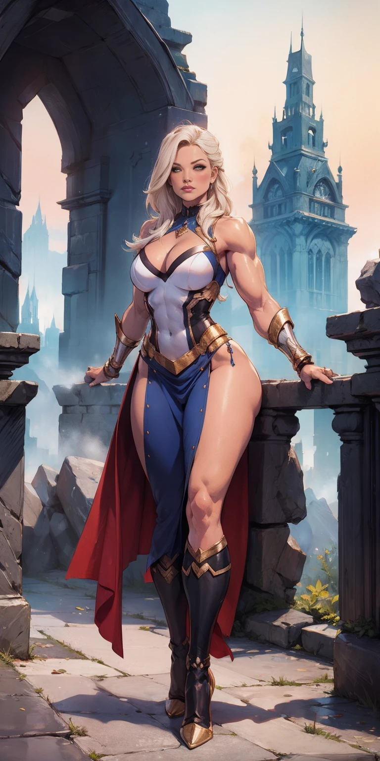 full body standing symmetrical beautiful woman, hyper realistic, 1girl, Asgard, Valkyrie, Lady Knight, correct anatomy, epic fantasy digital art, tmasterpiece, 8k, high definition resolution, detailed drawing, superior quality, epic composition, muscular body, muscular turned arms behind body
