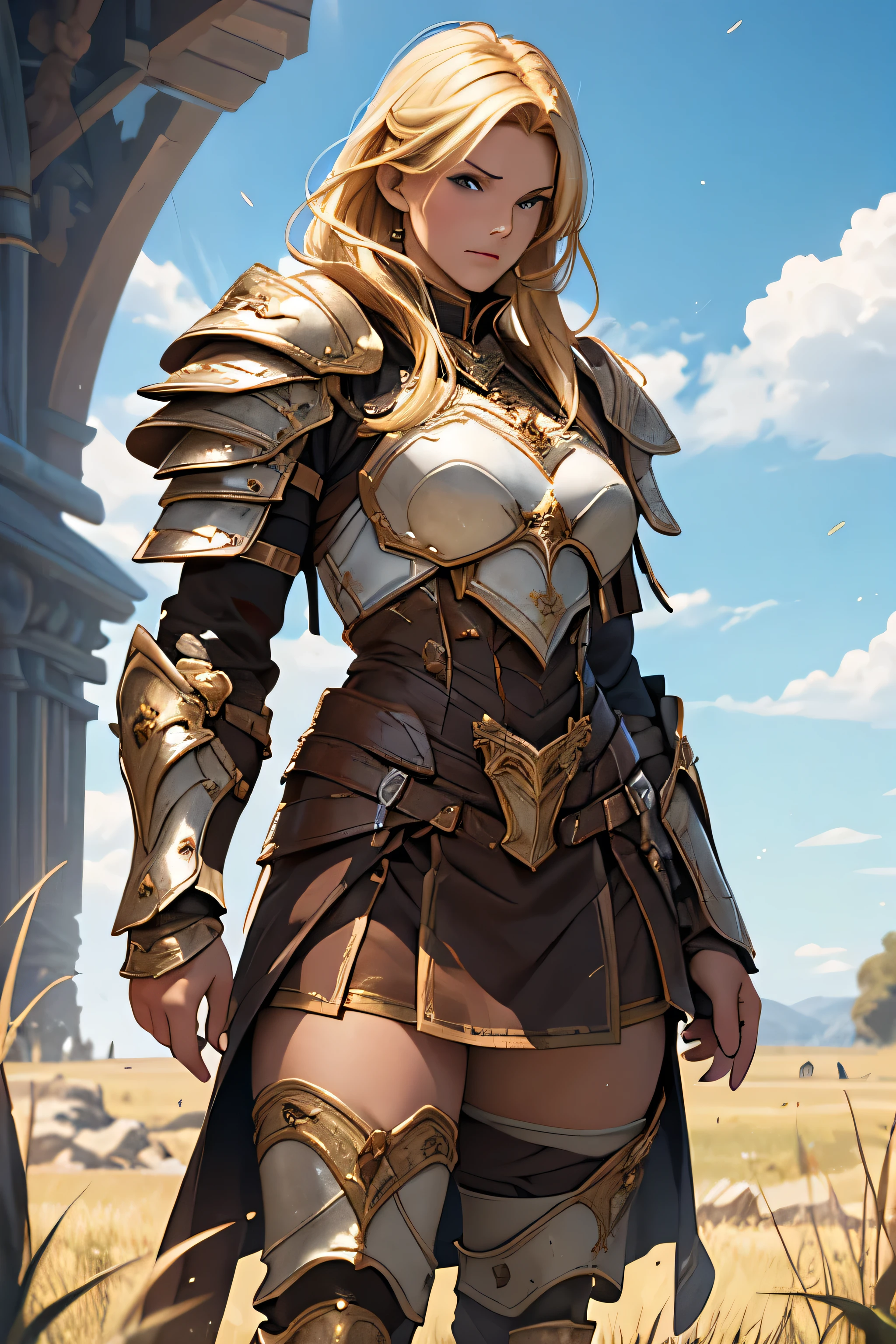 tmasterpiece,High-definition CG diagram,Beautiful female warrior,Detailed eyes and face,Tall figure,The blonde,Full armor attire,Extra-long boots,Wear knee-length boots,Over-the-knee stockings,Brilliant armor colors,General temperament,Tall figure,Wide buttock,Thick legs,A majestic sight,on the plains, grass