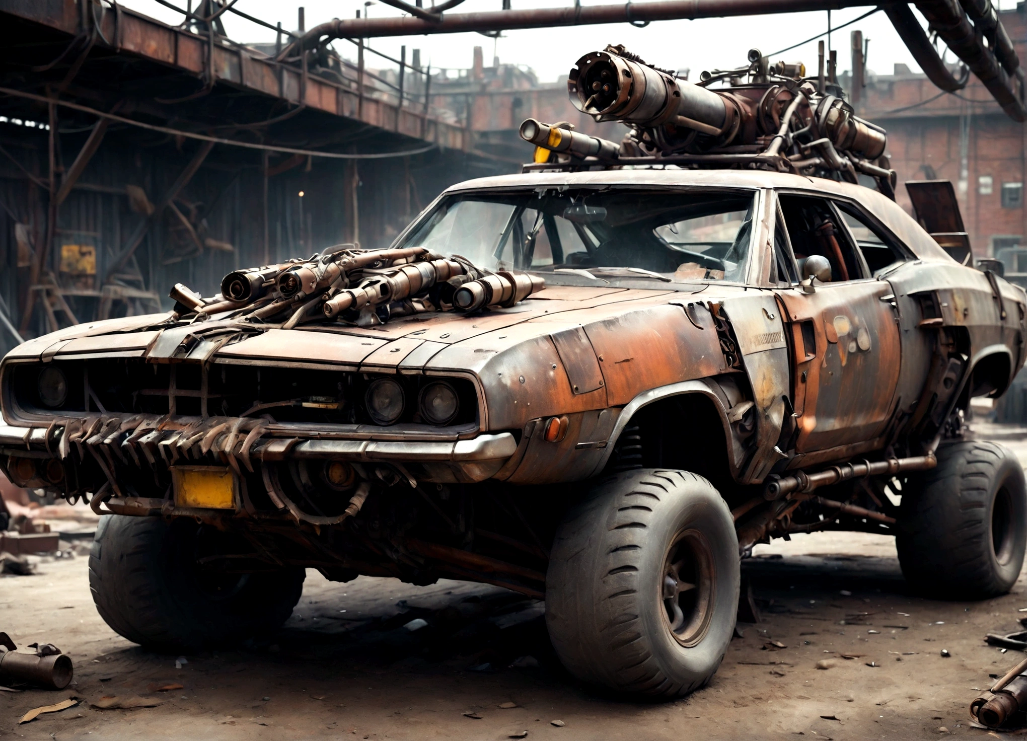 a dodge charger made of scrap metal, buzz saw launcher on the roof, post-apocalyptic, rusty, detailed grungy texture, weathered, worn, battle-damaged, dramatic lighting, cinematic, dystopian, muted colors, gritty, realistic, 8k, high quality, detailed description