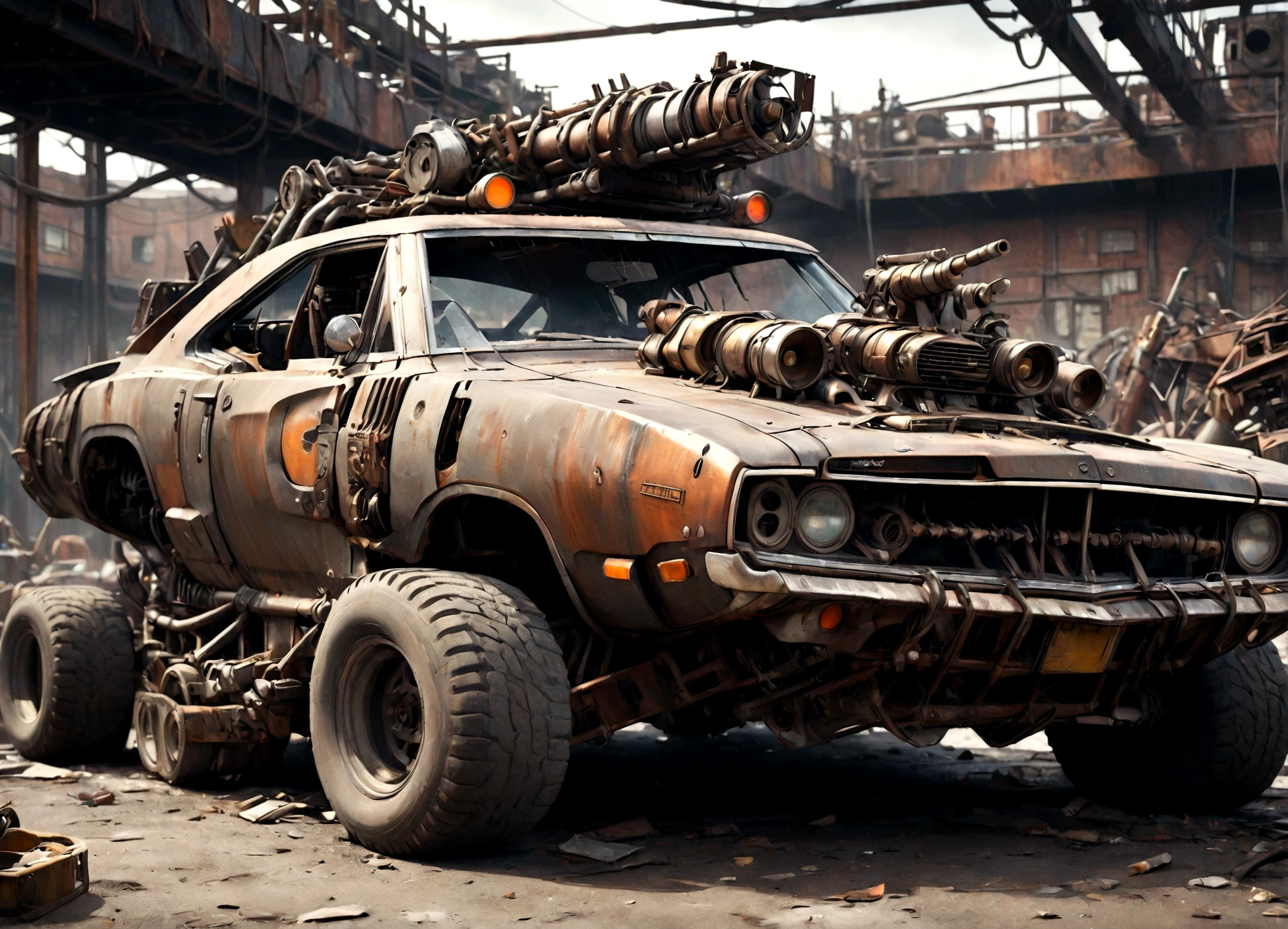 a dodge charger made of scrap metal, buzz saw launcher on the roof, post-apocalyptic, rusty, detailed grungy texture, weathered, worn, battle-damaged, dramatic lighting, cinematic, dystopian, muted colors, gritty, realistic, 8k, high quality, detailed description