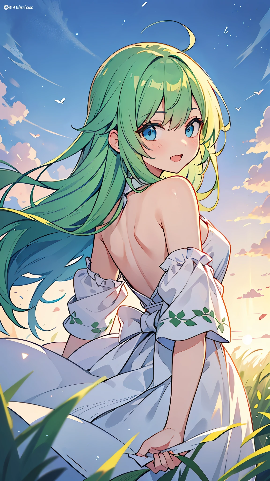 ((A Pretty girl with green hair and blue eyes)), ((wearing white dress)), ((turn back)), , ((top-quality, master piece, ultra-definition, high resolution)), anime girl, ((ultra-detailed illust:1.2)), only one person, bangs, hair between eye, beautiful hair, Shiny eyes, Big smile, opened mouth, in the Japanese silver grass field, at dusk
