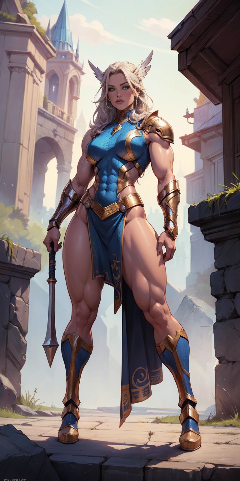 full body standing symmetrical beautiful woman, hyper realistic, 1girl, Asgard, Valkyrie, Lady Knight, correct anatomy, epic fantasy digital art, tmasterpiece, 8k, high definition resolution, detailed drawing, superior quality, epic composition, muscular body, muscular turned arms behind body