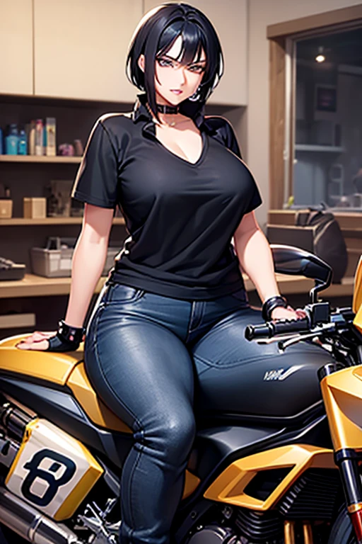 anime woman posing on a motorcycle in a repair shop, short spikey black hair, dark gold eyes, older woman, MILF, laugh lines, wearing baggy pants and a flannel shirt, seductive anime girl, smooth anime cg art, thicc, sitting on a motorcycle, attractive anime girl, annoyed expression, motorcycle