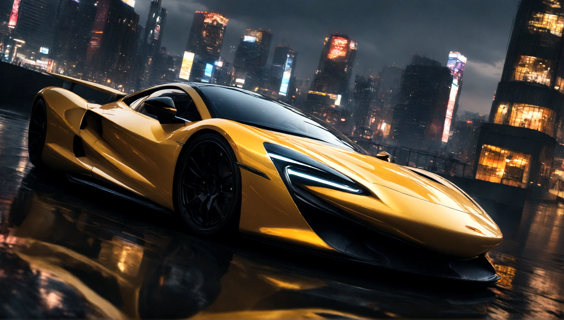a beautiful yellow supercar, city of tokyo in the background, detailed high resolution photo, cinematic lighting, 8k, photorealistic, dynamic composition, vibrant colors, reflection on the car body, depth of field, realistic textures, intricate details, sleek design, futuristic architecture, ultrawide angle, dramatic sky
