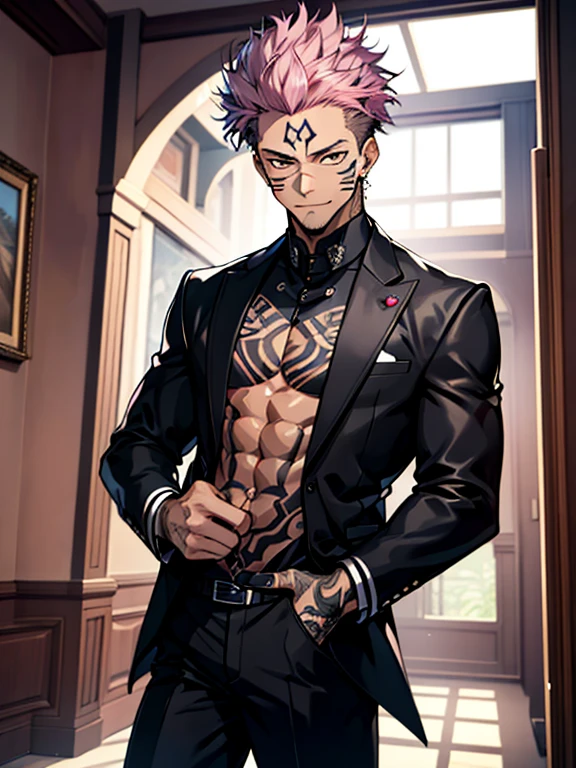 (masterpiece, best quality: 1.2), Solo, male focus, 1boy, sukuna, tattoo_On_his_face, male, full bodyesbian, Black leather jacket, A pink-haired, cow boy shot, 8K, super detailing, hands in a pocket, tight suit, inside the house,