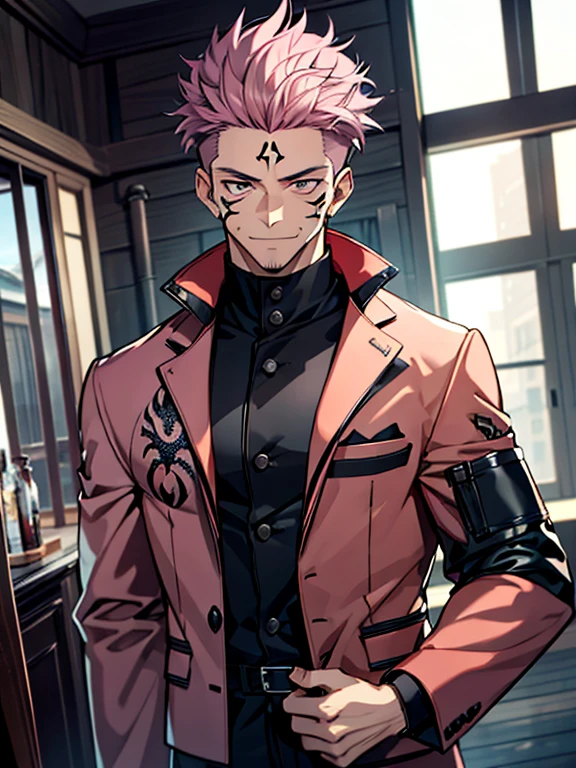 (masterpiece, best quality: 1.2), Solo, male focus, 1boy, sukuna, tattoo_On_his_face, male, full bodyesbian, Black leather jacket, A pink-haired, cow boy shot, 8K, super detailing, hands in a pocket, tight suit, inside the house,