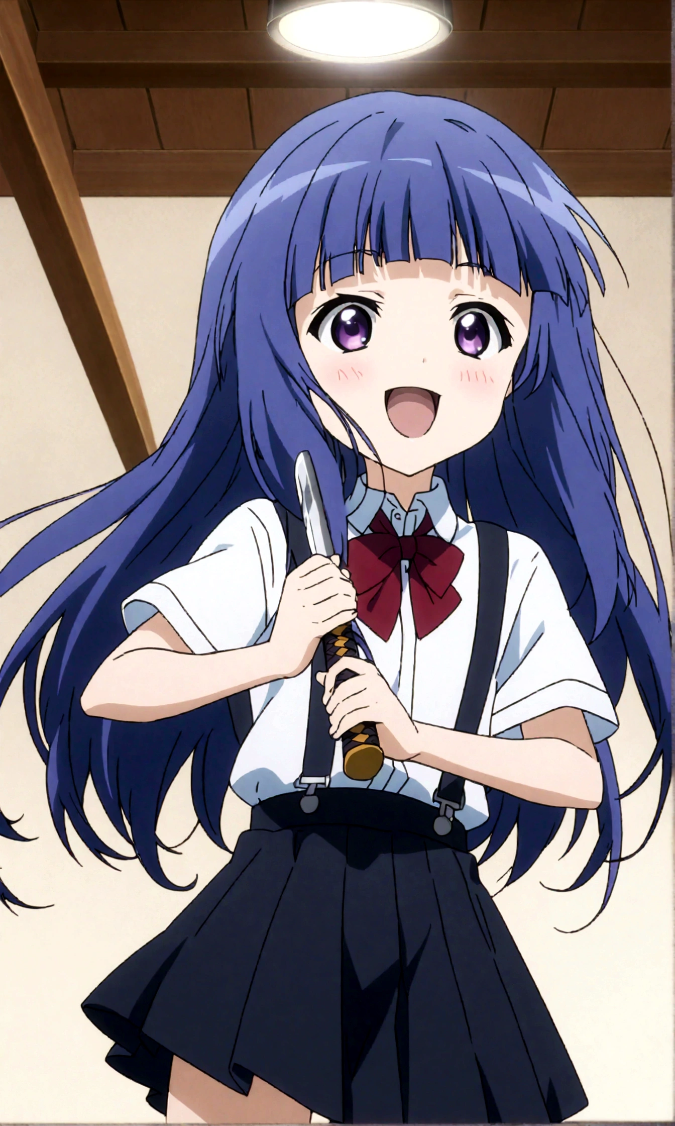 score_9,score_8, score_8_up, BREAK ,1girl, solo, furude rika, (tween), kawaii, blue hair, purple eyes, long hair, blunt bangs, bangs,, bow, skirt, shirt, suspenders, smile, short sleeves, pleated skirt, white shirt, open mouth, :d, red bow, ,^_^, suspender skirt, , black skirt, collared shirt, blush, bowtie, blunt bangs, dress shirt,masterpiece, best quality, source_anime,ceiling, ceiling light, great lighting, detailed shadows, detailed body, anime artwork,anime style, key visual, vibrant, studio anime, highly detailed, anime coloring,,fullbody,,weapon, katana, holding sword, ready to draw, sheathed, unsheathing, scabbard,,simple background, white background.
