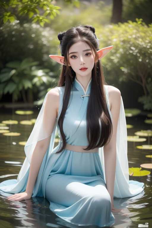 absurdres, highres, ultra detailed, (1girl:1.3), hand drawn, (simple line:1.2), 20yo girl in colorful Chinese Hanfu, (sexy girl with elf ears:1.1), at the lotus pond, masterpiece, sitting in water, floating clothes, floating hair, vibrant colors, soft lighting, detailed facial features, delicate expression, elegant posture, serene atmosphere