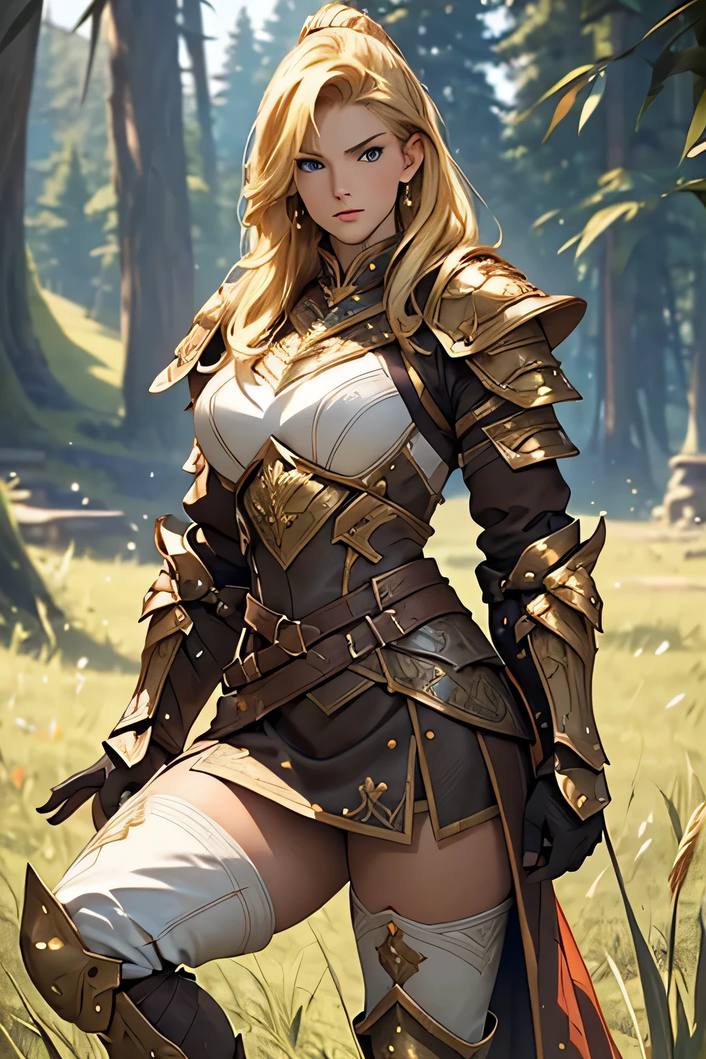 tmasterpiece,High-definition CG diagram,Beautiful female warrior,Detailed eyes and face,Tall figure,The blonde,Full armor attire,Extra-long boots,Wear knee-length boots,Over-the-knee stockings,Brilliant armor colors,General temperament,Tall figure,Wide buttock,Thick legs,A majestic sight,on the plains, grass