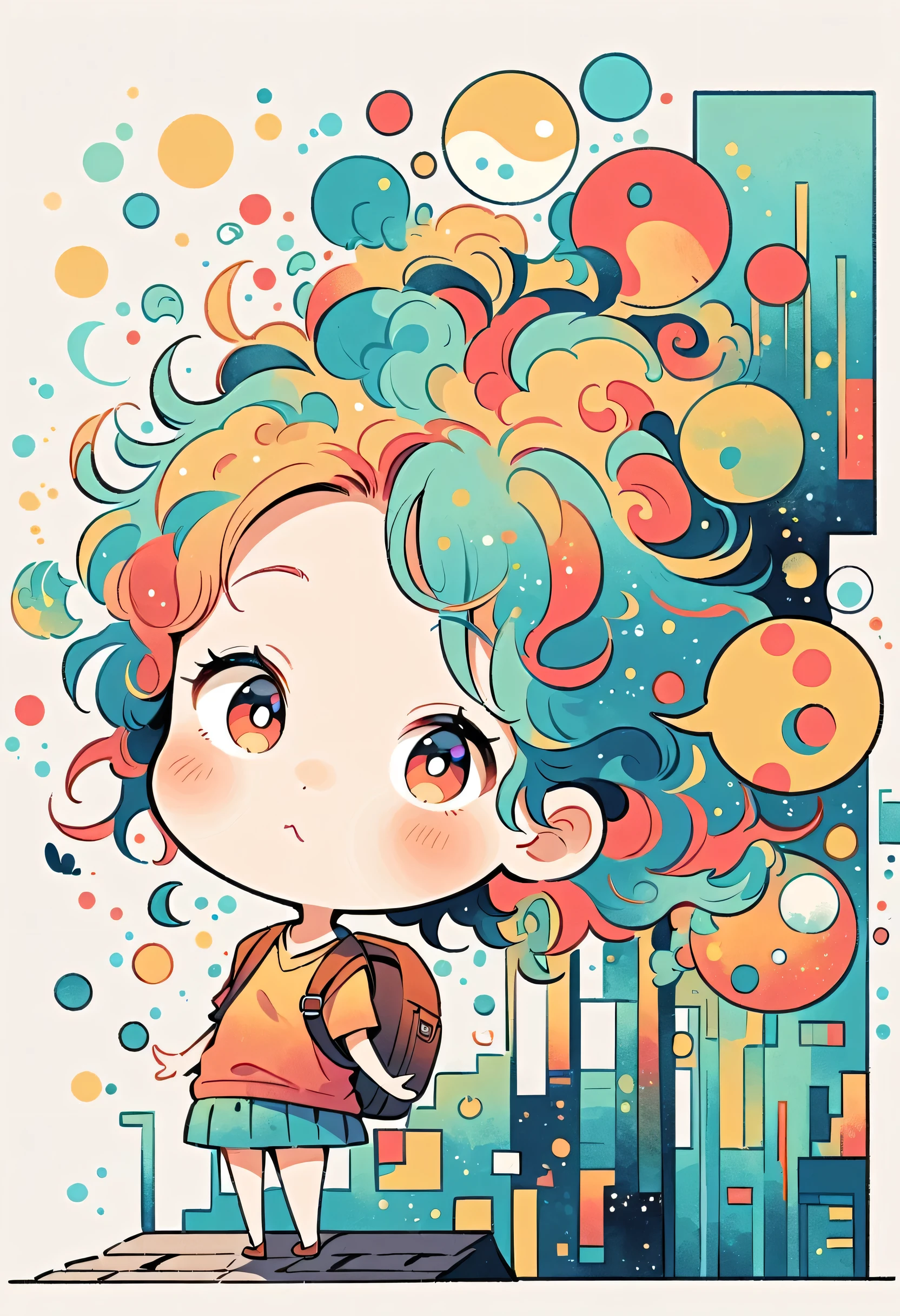 Hayao Miyazaki style, Standing in front of a high wall，Girl with backpack on rooftop，My backpack is full of happy spring，Simple Line Initialism，Abstract art，Urban Background, (((The most beautiful girl))), (((chibi)))