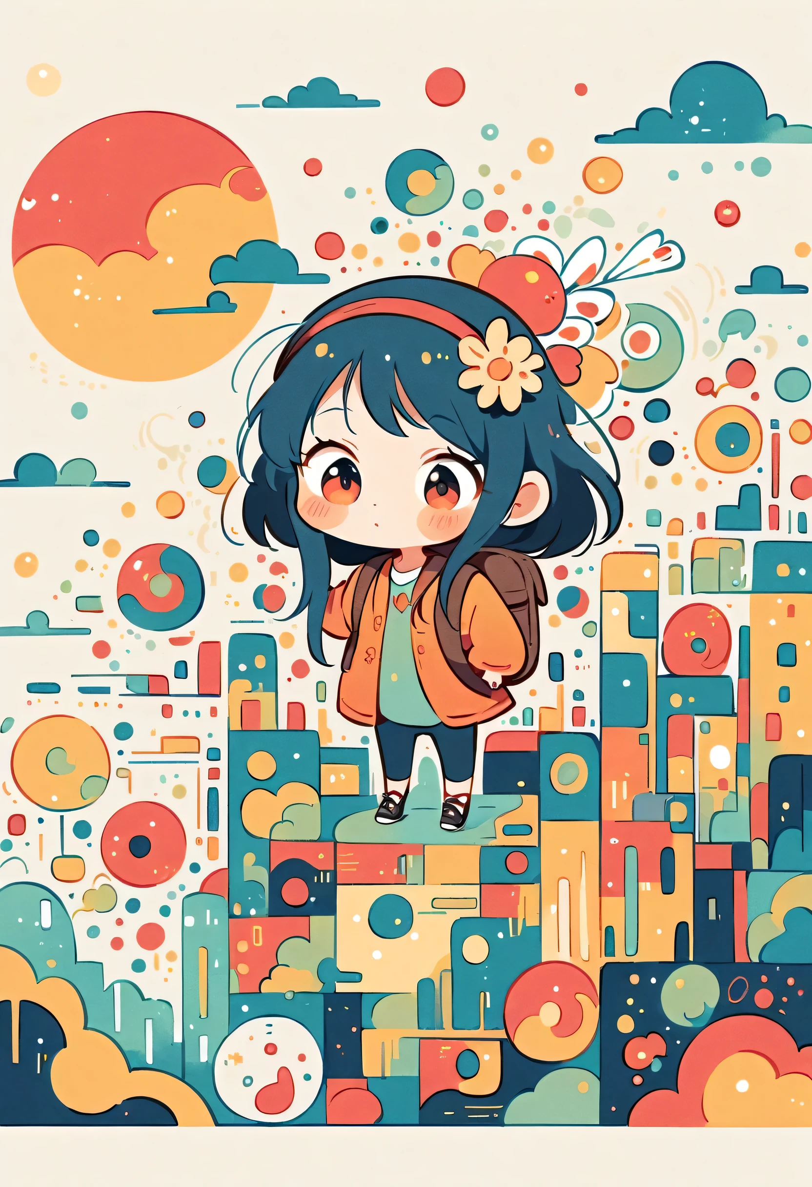 A cartoon girl with a backpack standing in front of a city - SeaArt AI