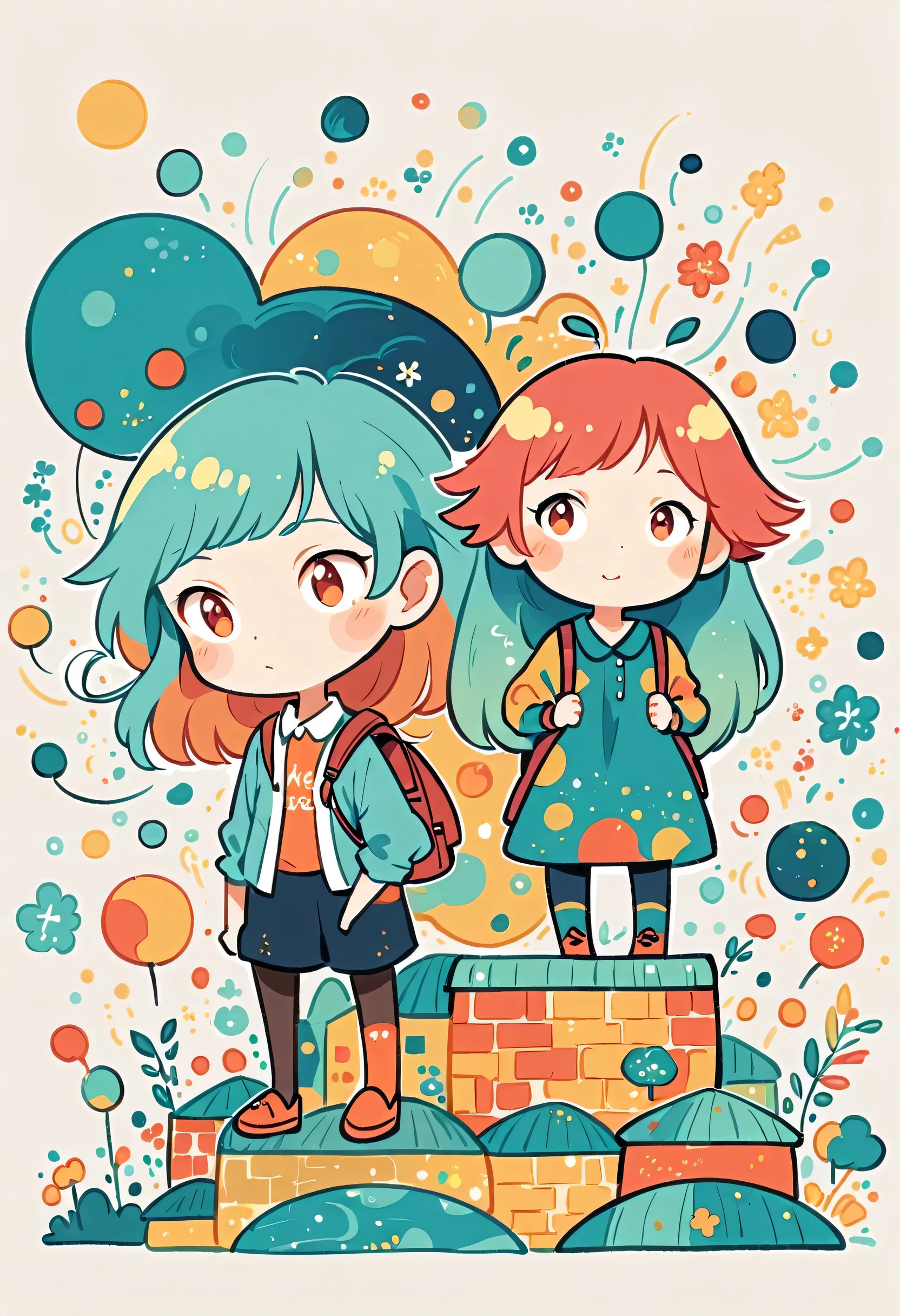 Hayao Miyazaki style, Standing in front of a high wall,Girl with backpack on rooftop,My backpack is full of happy spring,Simple Line Initialism,Abstract art,Urban Background, (((The most beautiful girl))), (((chibi)))
