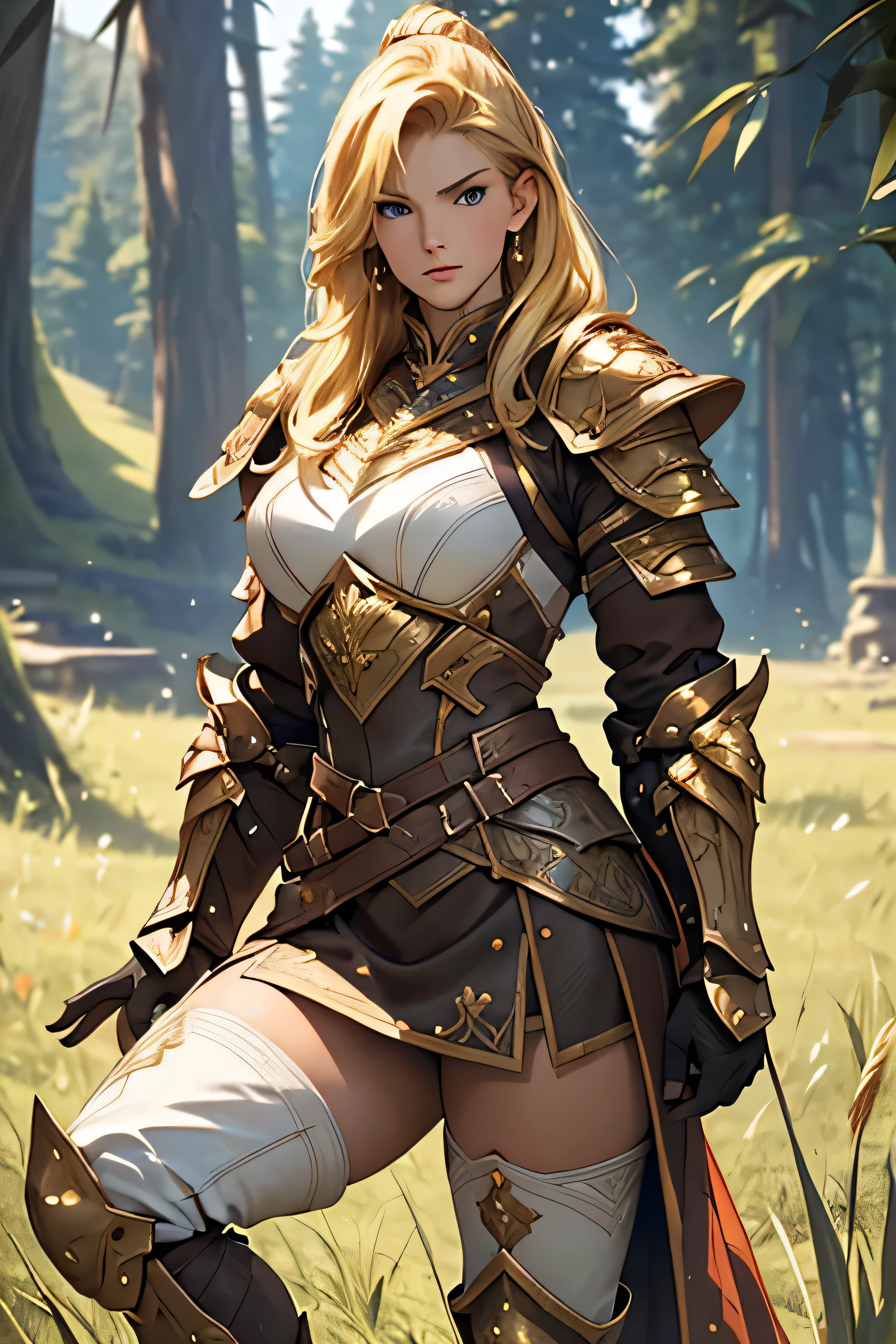 tmasterpiece,High-definition CG diagram,Beautiful female warrior,Detailed eyes and face,Tall figure,The blonde,Full armor attire,Extra-long boots,Wear knee-length boots,Over-the-knee stockings,Brilliant armor colors,General temperament,Tall figure,Wide buttock,Thick legs,A majestic sight,on the plains, grass