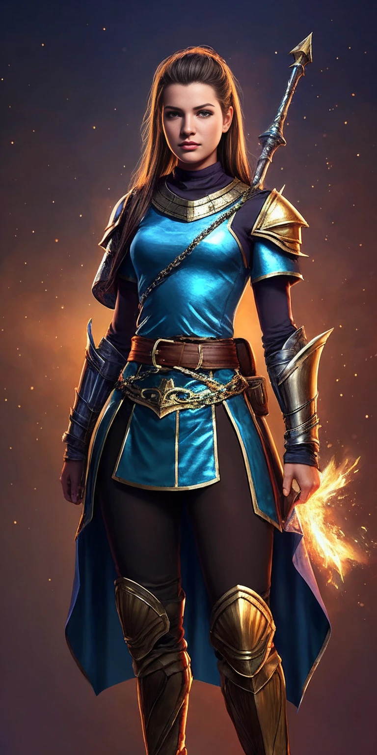 1girl in, age19, Sscore_8_up, score_7_up, 1girl, paladin girl in chainmail armor, tabard, heavy shoulder pads, belt, gauntlets, glowing particles, realistic, smite style