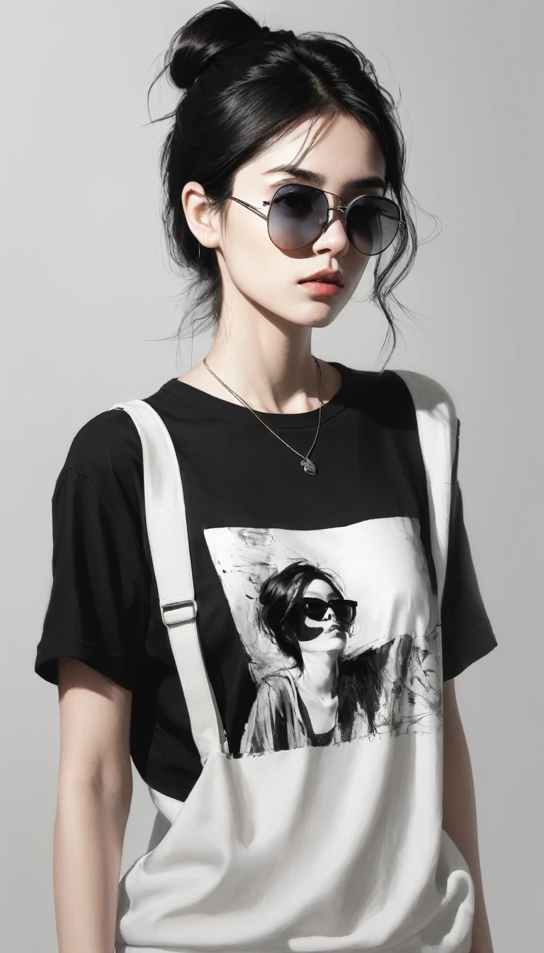 (Minimalism:1.5)，Portraits，(Black and white sketch painting)，Simple composition，1 girl,23 year old girl, wear sunglasses, There is light on the face, There is light in the eyes，t-shirt