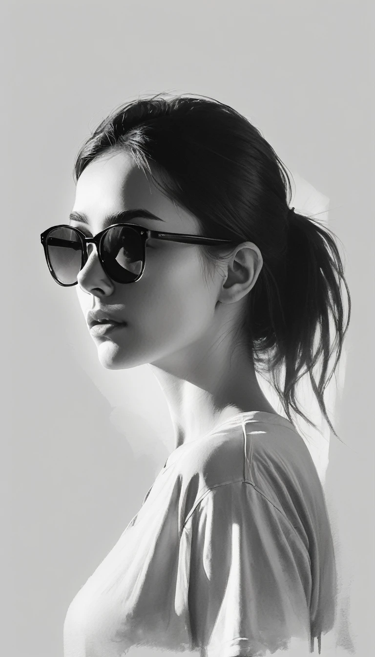 (Minimalism:1.5)，Portraits，(Black and white sketch painting)，Simple composition，1 girl,23 year old girl, wear sunglasses, There is light on the face, There is light in the eyes，t-shirt