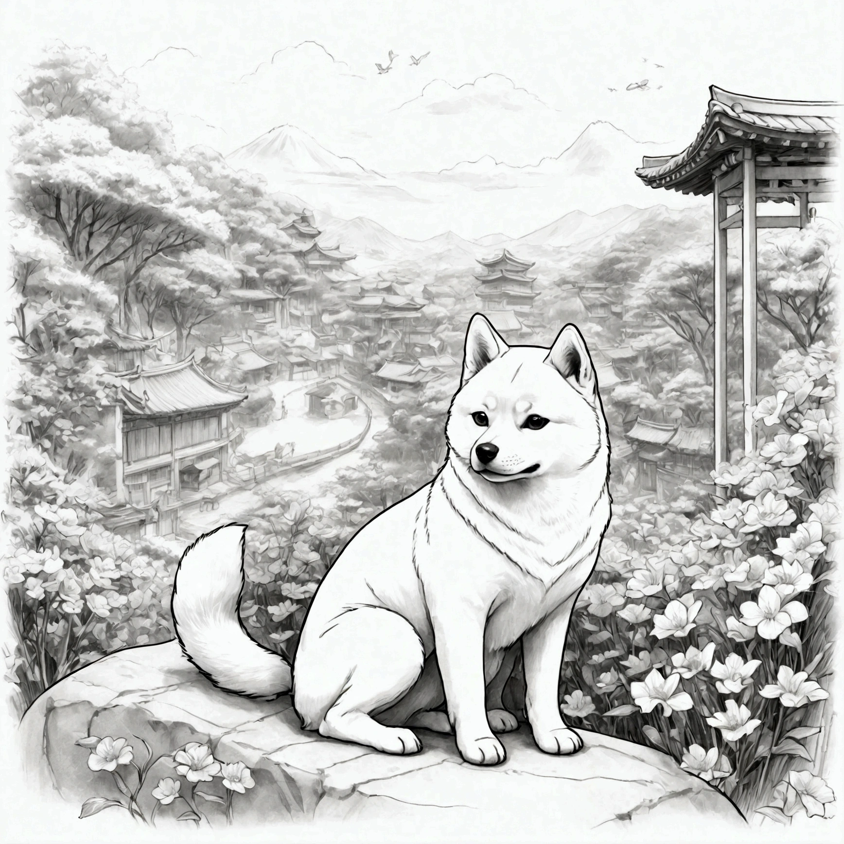 masterpiece, Top-class, Line art background, White Background, Monochrome, Line art, Shiba Inu and Cat、((sketch))