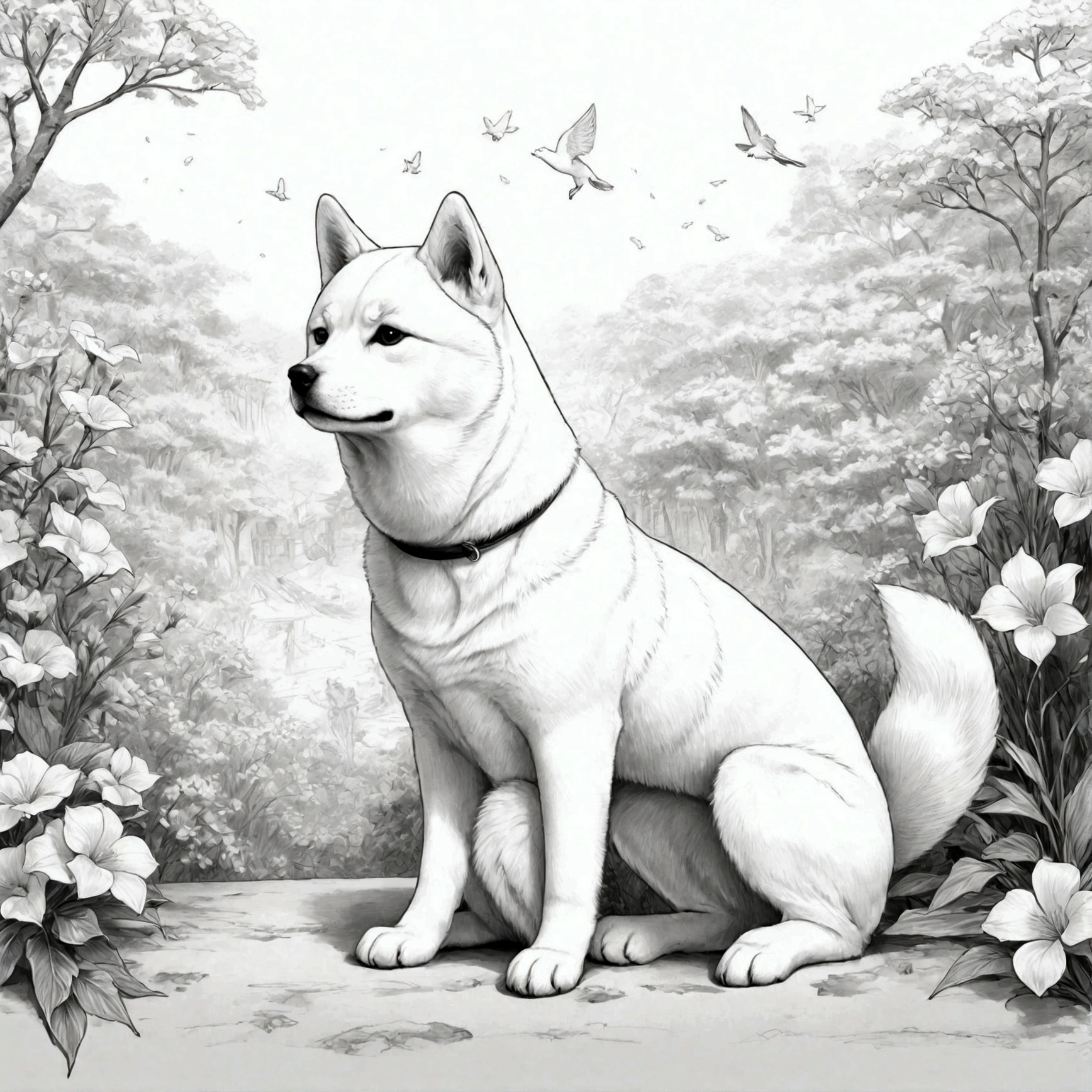 masterpiece, Top-class, Line art background, White Background, Monochrome, Line art, Shiba Inu and Cat、((sketch))
