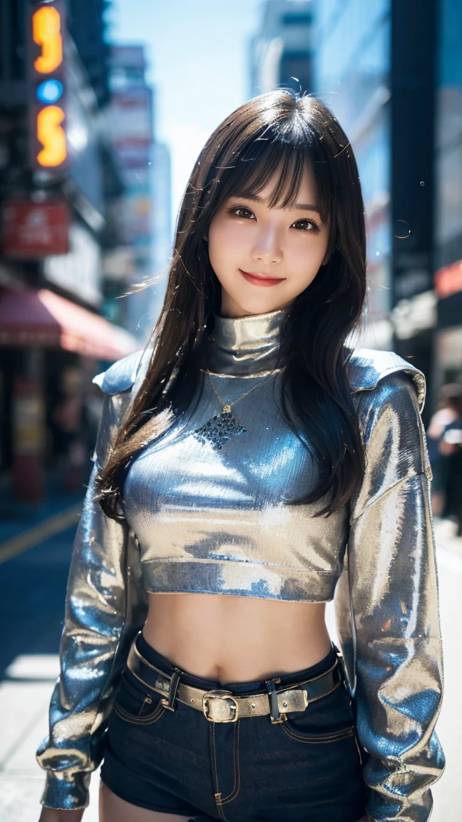 (highest quality,masterpiece:1.3,ultra high resolution),(Super detailed,caustics,8k),(photorealistic:1.4,RAW shooting),1 girl,(look at the camera with a smile),20-year-old,cute,Japanese,black hair long bronde, (Clothes full of futuristic sci-fi style，Sweater，A delicate pattern，Glittering jewels，Armor)，Cyberpunk Characters，Future Styl,denim shorts,big ,bust up shot,street,face focus,Natural light,Backlight,(A bright light shines from above),(Lens flare),professional writing,(low position),(Low - Angle)