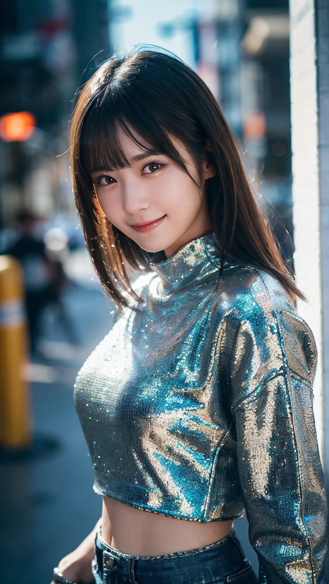 (highest quality,masterpiece:1.3,ultra high resolution),(Super detailed,caustics,8k),(photorealistic:1.4,RAW shooting),1 girl,(look at the camera with a smile),20-year-old,cute,Japanese,black hair long bronde, (Clothes full of futuristic sci-fi style,Sweater,A delicate pattern,Glittering jewels,Armor),Cyberpunk Characters,Future Styl,denim shorts,big ,bust up shot,street,face focus,Natural light,Backlight,(A bright light shines from above),(Lens flare),professional writing,(low position),(Low - Angle)