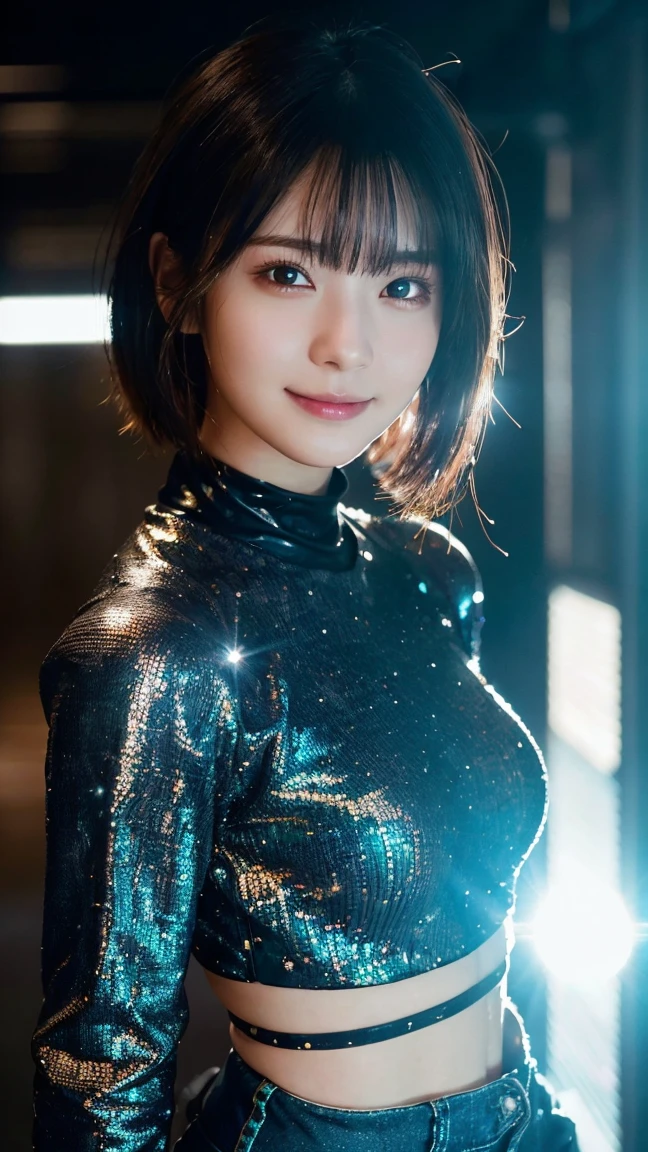 (highest quality,masterpiece:1.3,ultra high resolution),(Super detailed,caustics,8k),(photorealistic:1.4,RAW shooting),1 girl,(look at the camera with a smile),20-year-old,cute,Japanese,black hair long bronde, (Clothes full of futuristic sci-fi style，Sweater，A delicate pattern，Glittering jewels，Armor)，Cyberpunk Characters，Future Styl,denim shorts,big ,bust up shot,street,face focus,Natural light,Backlight,(A bright light shines from above),(Lens flare),professional writing,(low position),(Low - Angle)