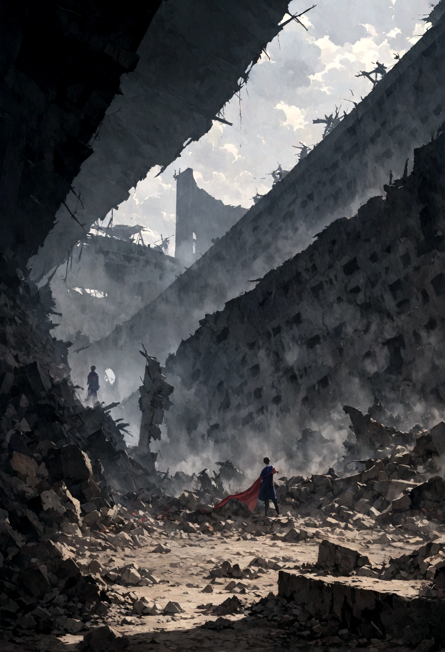 Imagine a dramatic scene of a football stadium in ruins—the once glorious Camp Nou of FC Barcelona, now a haunting shell of its former self. The vibrant Blaugrana colors are still visible, hinting at its proud past. In the foreground, a lone Barcelona fan stands with his back to the viewers, wrapped tightly in the Barcelona flag. He gazes at the wreckage with a sense of deep sorrow and loss, the tattered flag fluttering gently in the wind. The sky above is overcast, casting a somber, gray light over the scene. Rubble and debris are scattered around, and remnants of the iconic stadium structures rise like forlorn monuments. The fan's stance and the flag symbolize undying loyalty and hope amidst the devastation, creating a poignant image of resilience and heartbreak. Highly detailed, high quality, quality.