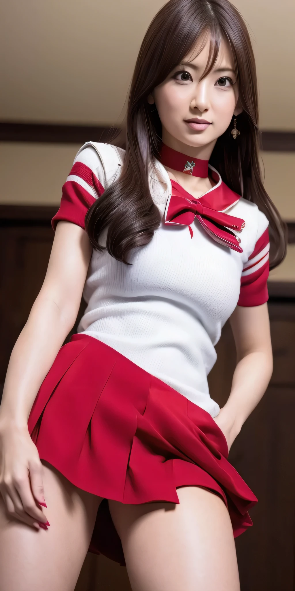 keiko kitagawa open thighs,Shoot from below,Sailor Warrior Uniform, Red sailor collar, Red Skirt, Elbow hand pockets,Camel rope,