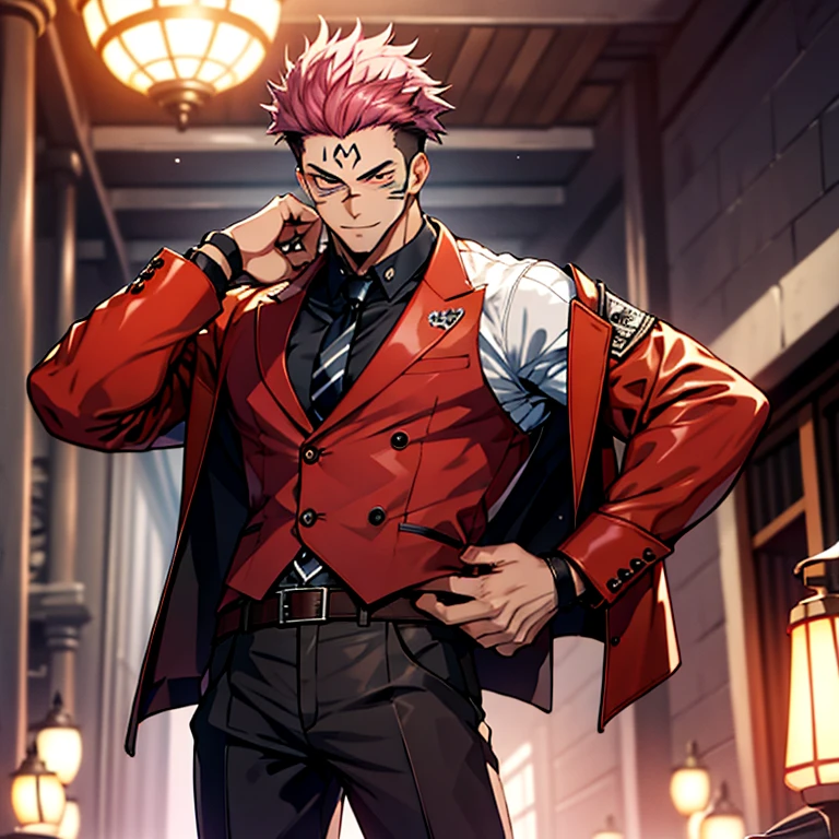 (masterpiece, best quality: 1.2), Solo, nsfw, male focus, 1boy, sukuna, tattoo_On_his_face, male, full bodyesbian, Red Leather jacket, Black Leather shirt, Leather pants, Leather waistcoat, Black Leather tie, Leather Glove, Bulging muscles, A pink-haired, cow boy shot, 8K, super detailing, hands in a pocket, tight leather suit, inside the house,