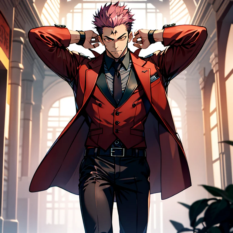 (masterpiece, best quality: 1.2), Solo, nsfw, male focus, 1boy, sukuna, tattoo_On_his_face, male, full bodyesbian, Red Leather jacket, Black Leather shirt, Leather pants, Leather waistcoat, Black Leather tie, Leather Glove, Bulging muscles, A pink-haired, cow boy shot, 8K, super detailing, hands in a pocket, tight leather suit, inside the house,