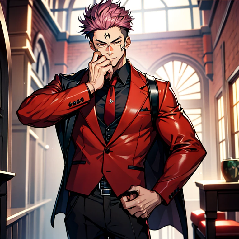 (masterpiece, best quality: 1.2), Solo, nsfw, male focus, 1boy, sukuna, tattoo_On_his_face, male, full bodyesbian, Red Leather jacket, Black Leather shirt, Leather pants, Leather waistcoat, Black Leather tie, Leather Glove, Bulging muscles, A pink-haired, cow boy shot, 8K, super detailing, hands in a pocket, tight leather suit, inside the house,