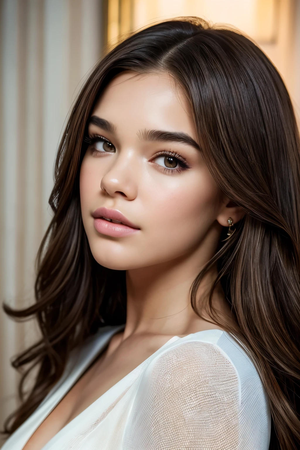 (high quality, realistic:1.2), portrait, beautiful flowing hair, beautiful Hailee Steinfeld, 30 year old, wearing a sexy tight white jumpsuit, detailed eyes, luscious lips, sensual gaze, luxurious texture, shimmering highlights, soft shadows, subtle smile, impeccable makeup, perfect skin tone, varied golden hues, mesmerizing presence, extraordinary attention to detail, immaculate shading, flawless complexion, expressive eyebrows, long eyelashes, graceful pose, stylish and confident demeanor, striking contrast between the jumpsuit and hair, professional photography, rich color palette, subdued lighting, subtle bokeh effects, glowing complexion, meticulously crafted features, exquisite realism, artistic sophistication.