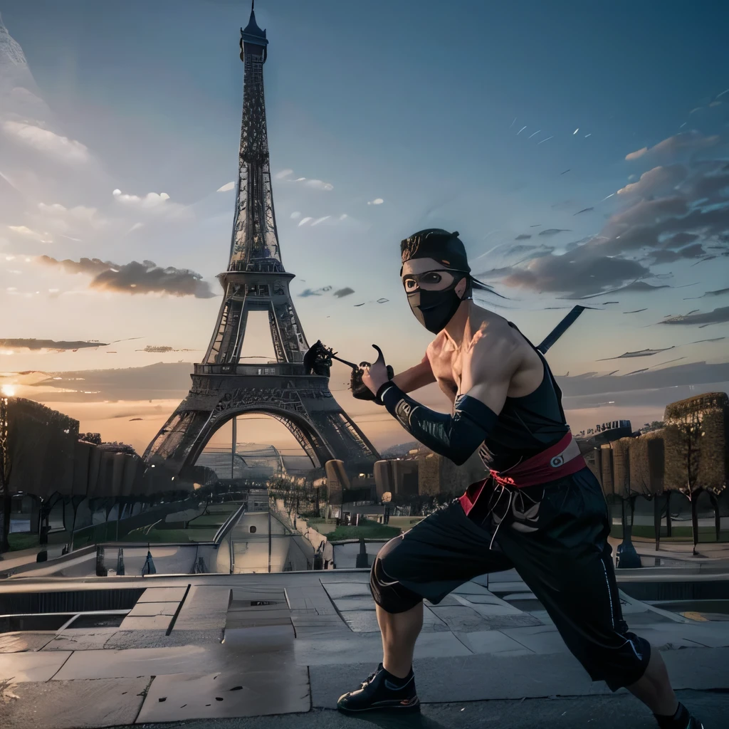 raw photo , 8K, ultra detailed, (realistic:1.2), (1man, ninja, mask:1.3), (dynamic:1.3),(eiffel tower:1.4)