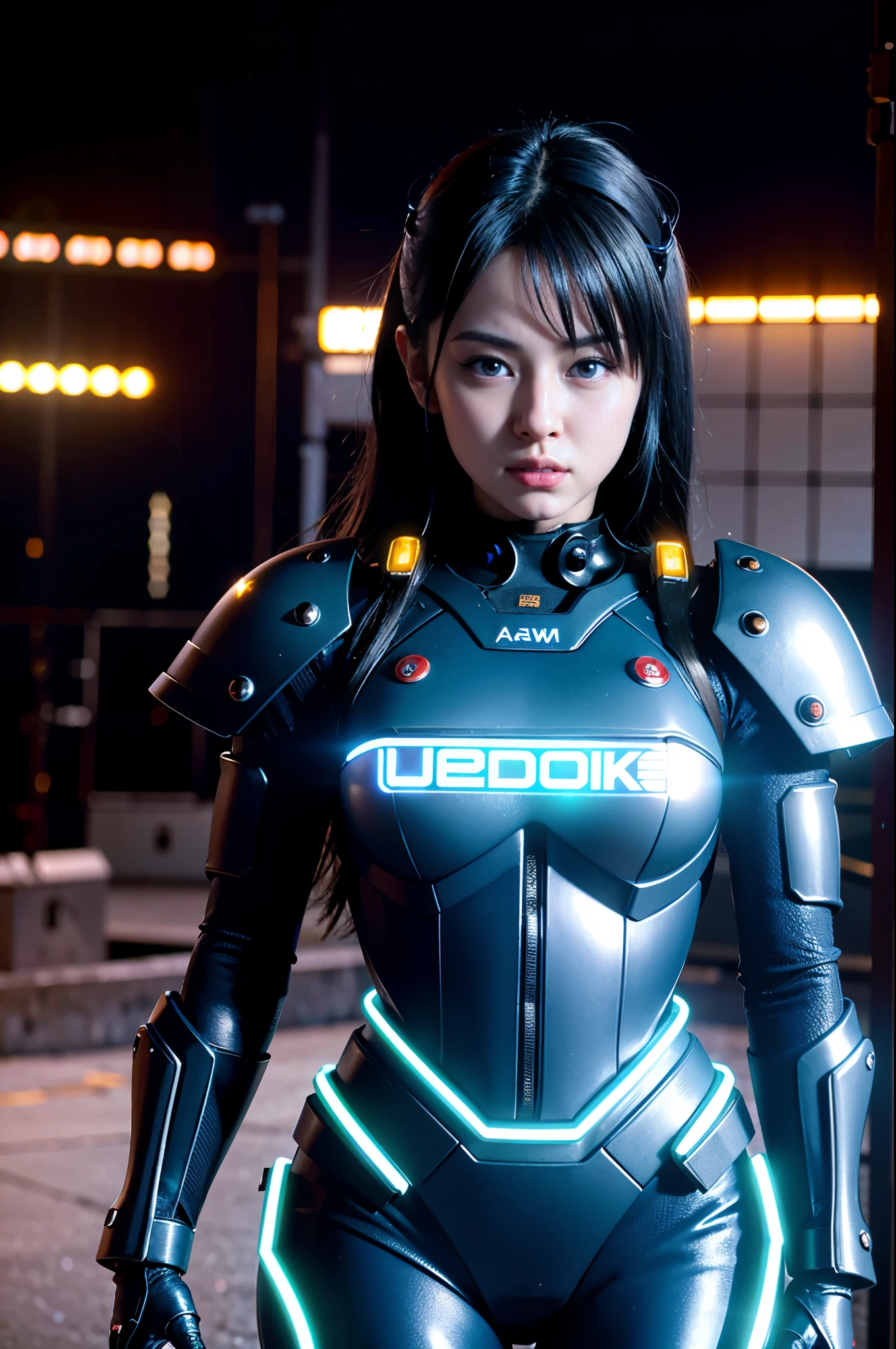 (RAW quality:1.4), Wide-angle shot, 1 female, Mecha, Sparkling blue eyes, 15 years old, Japanese, Very cute face, (Realistic:1.37), /imagine prompt: cyberpunk, police girl, armor, futuristic, neon lights, high-tech, edgy, sleek, dynamic pose, urban backdrop, reflections, metal textures, glowing visor, powerful stance, sci-fi, dramatic shadows, intense colors, high contrast, street style, badass, fierce, stylish, beauty, cybernetic enhancements 