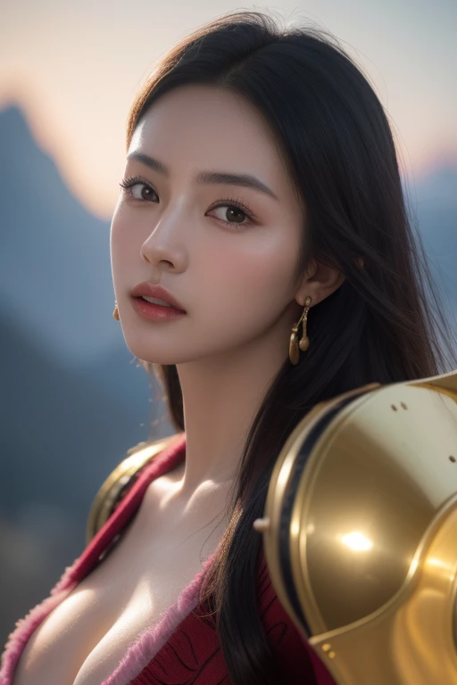 a young female taoist with long hair and a european face,big breast,cleveage, playing an erhu, extremely detailed face and features, beautiful detailed eyes, beautiful detailed lips, extremely detailed portrait, extremely detailed face and features, extremely detailed hands, extremely detailed clothing, leather armor, bard, mountain background, gold background, (best quality,4k,8k,highres,masterpiece:1.2),ultra-detailed,(realistic,photorealistic,photo-realistic:1.37),HDR,UHD,studio lighting,ultra-fine painting,sharp focus,physically-based rendering,extreme detail description,professional,vivid colors,bokeh