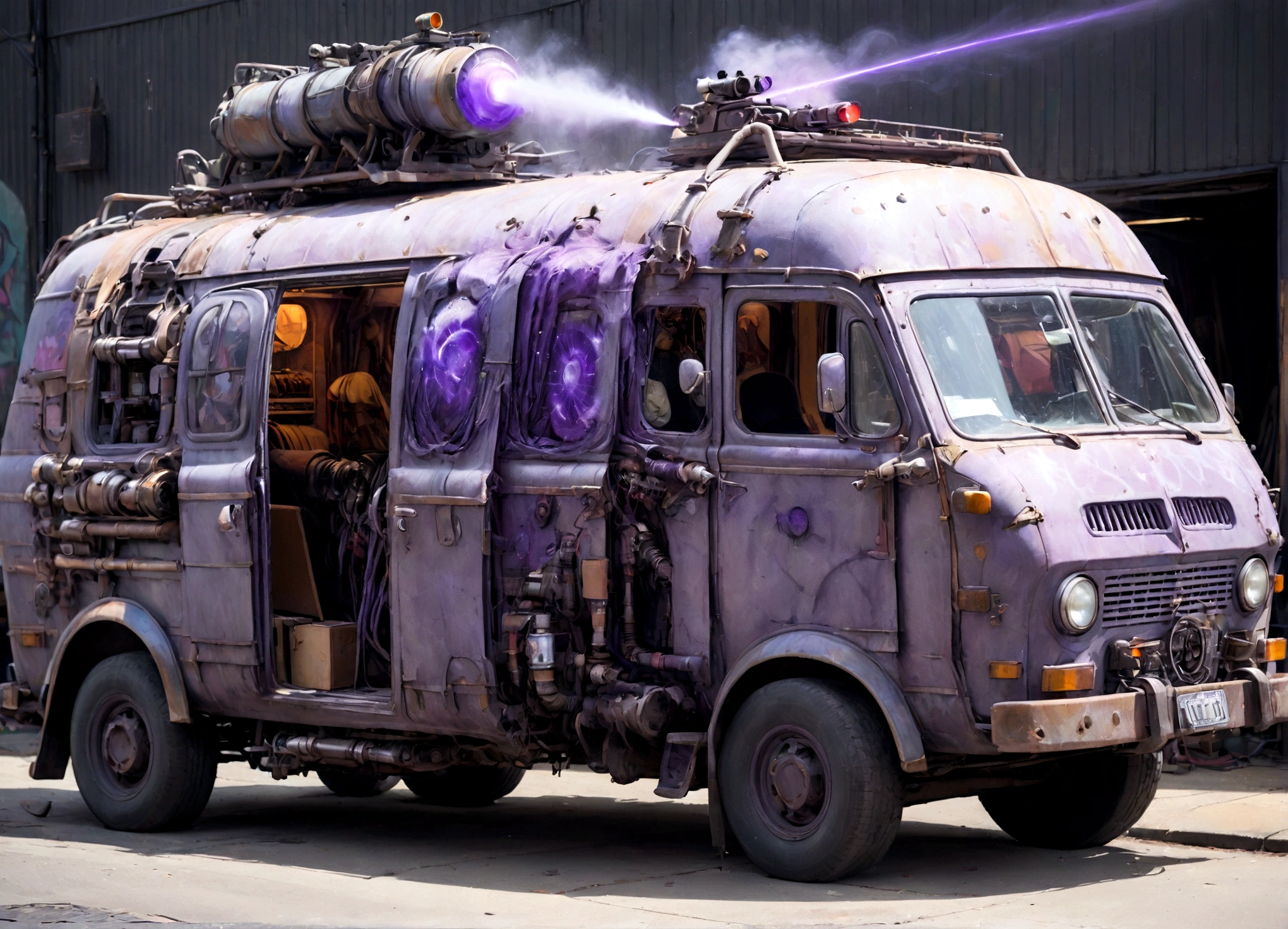 a 1970s large purple van with a wizard spray painted on the side of it with laser cannons