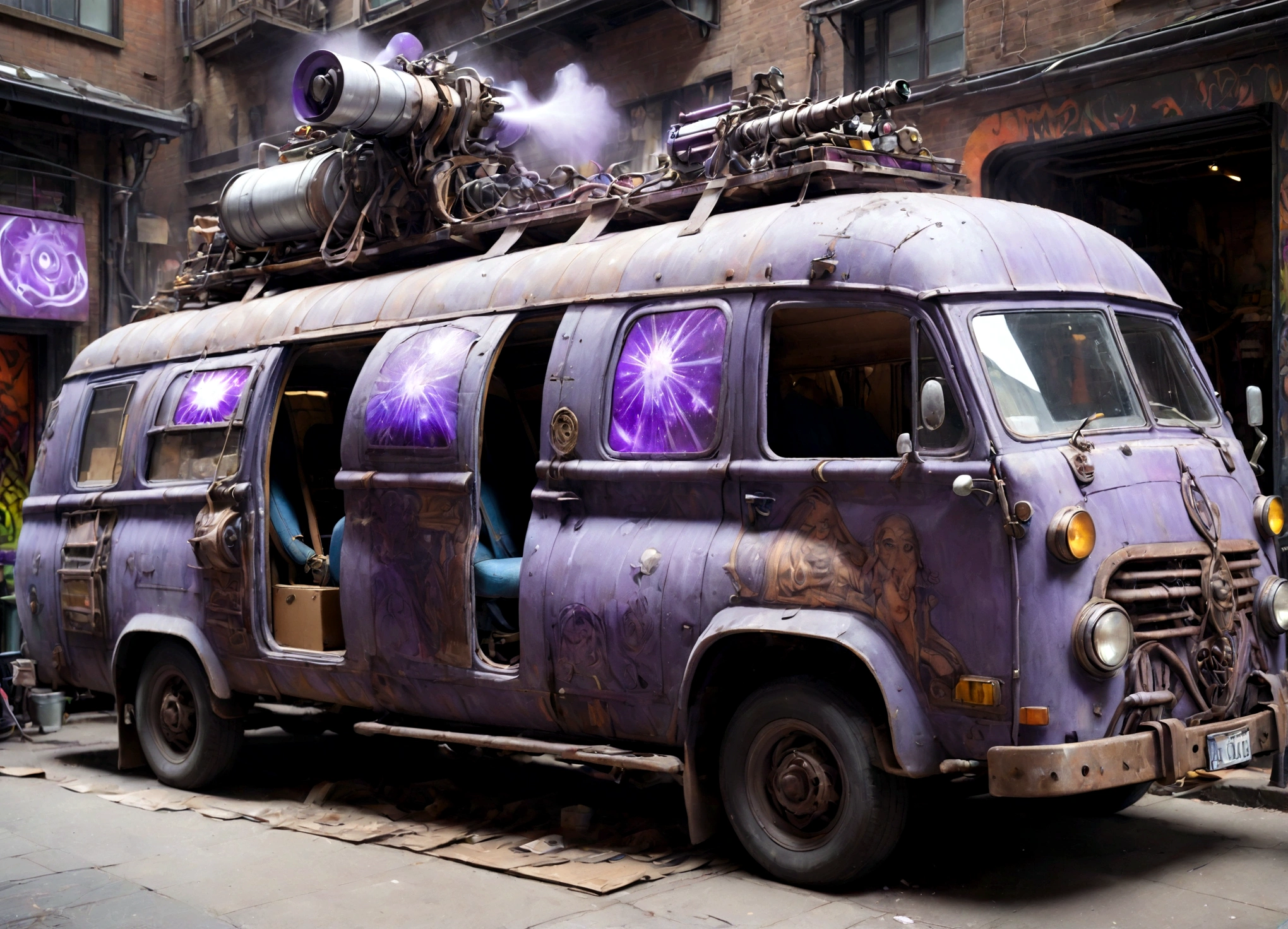 a 1970s large purple van with a wizard spray painted on the side of it with laser cannons