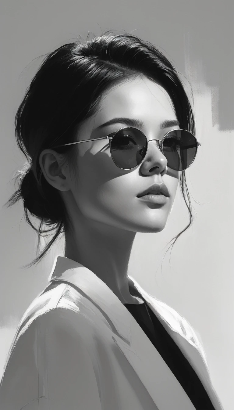(Minimalism:1.5),Portraits,(Black and white sketch painting),Simple composition,1 girl,23 year old girl, wear sunglasses, There is light on the face, There is light in the eyes,uniform