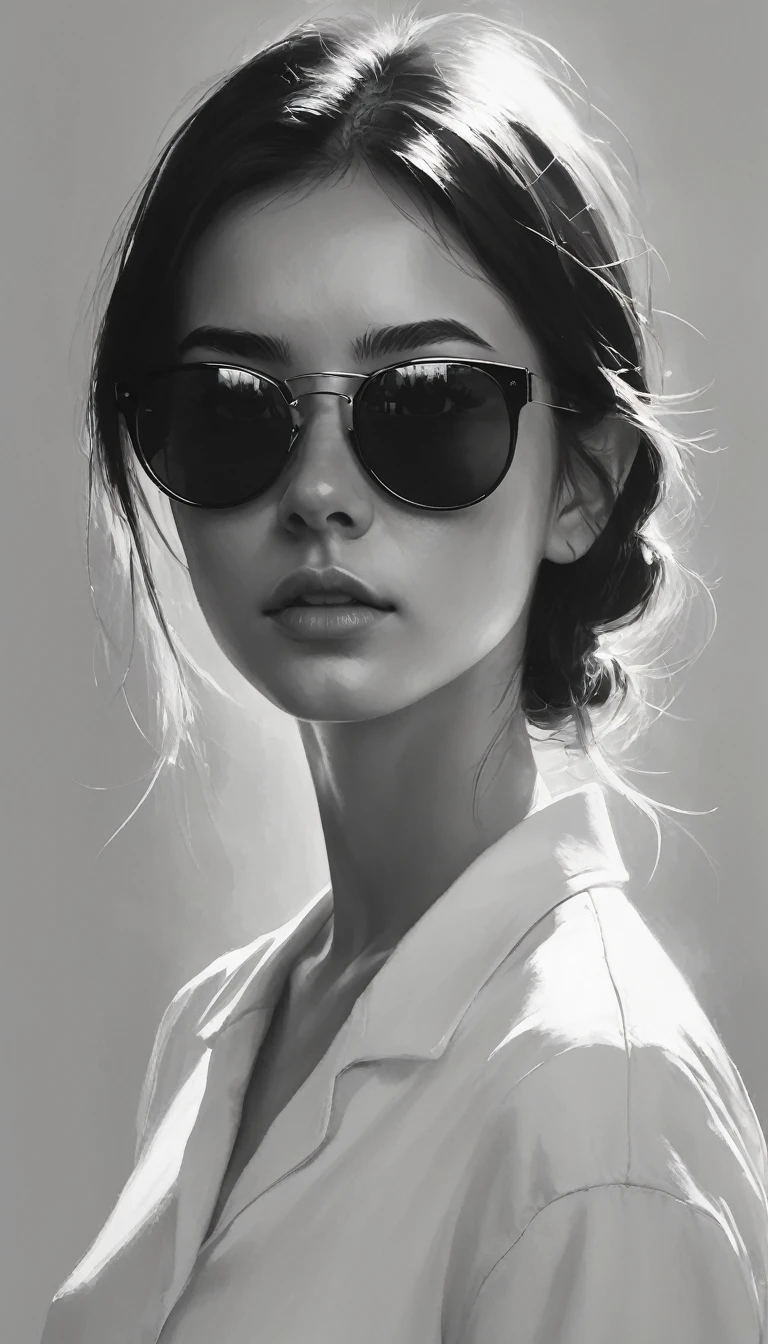 (Minimalism:1.5)，Portraits，(Black and white sketch painting)，Simple composition，1 girl,23 year old girl, wear sunglasses, There is light on the face, There is light in the eyes，uniform